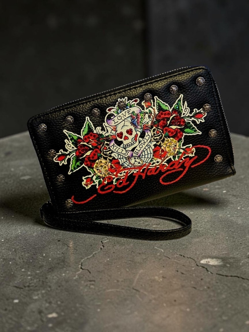 NEW Ed Hardy Black Leather Wallet Clutch Love Kills Slowly with Rhinestones NWT